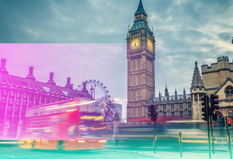 Big Ben, London, with red bus.