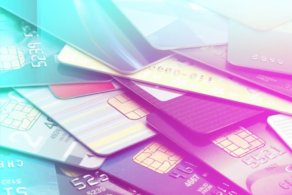 Credit cards spread out on a table.