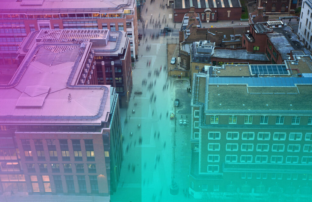 Business buildings and city streets from above.