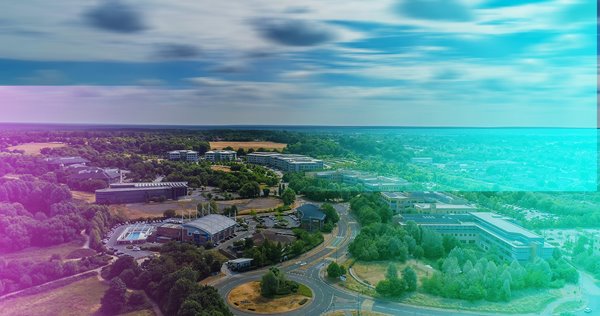 Modern business park with office buildings.