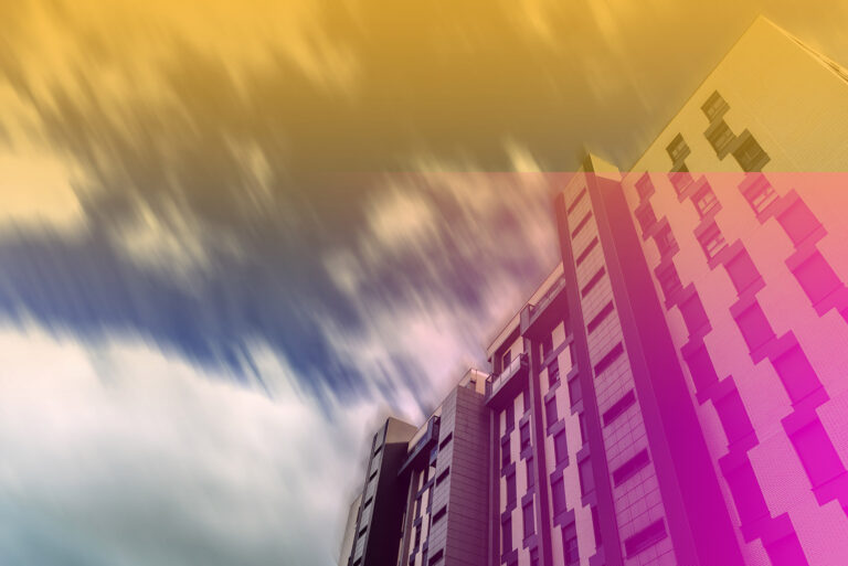 Apartment building and blue sky.