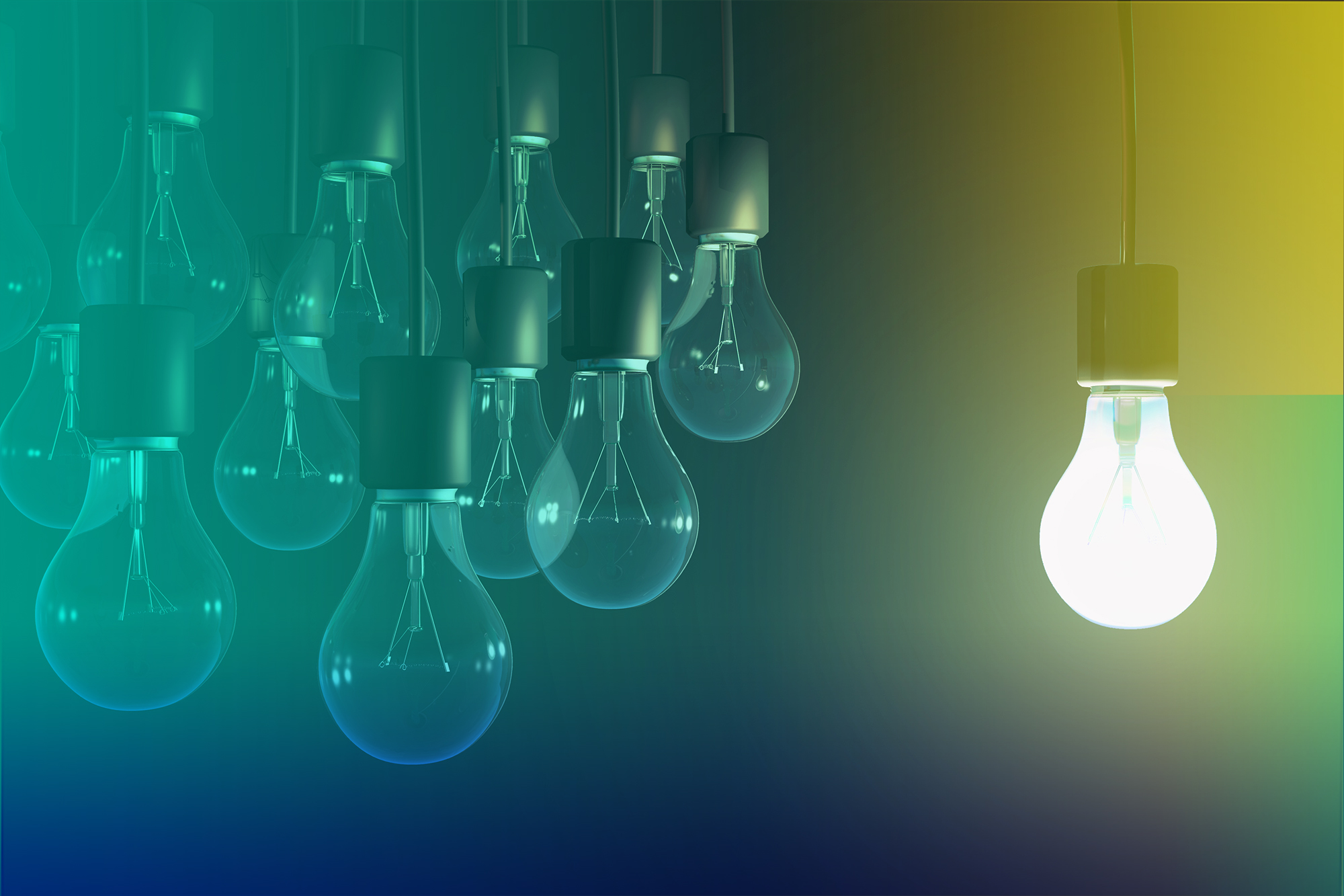 Multiple hanging lightbulbs with one illuminated.