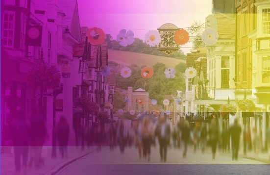 People walking on a busy city street.